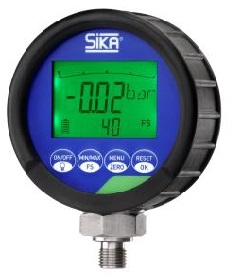 Sika Pressure-Reference, Type: D2, 0...+400 bar, pressure medium: air, gas fluids, without datalogger, display multi function LCD display, 50x35mm, function keys: ON/OFF, MIN/MAX/FS, MENU/ZERO, RESET/OK, mechanical connection G1/4 male, power supply:  2x1.5V AA battery, resolution 0.01 bar, accuracy: 0.1% FS  +/- 1 digit, with rubber protection, and test certificate
